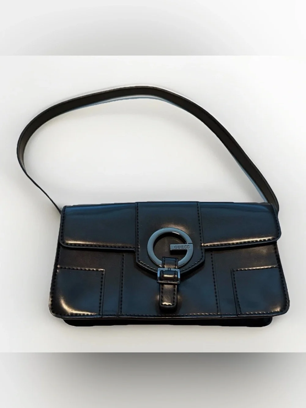 Vintage GUESS Black Shoulder Bag G Logo Buckle Envelope Baguette Y2K Mini Purse
